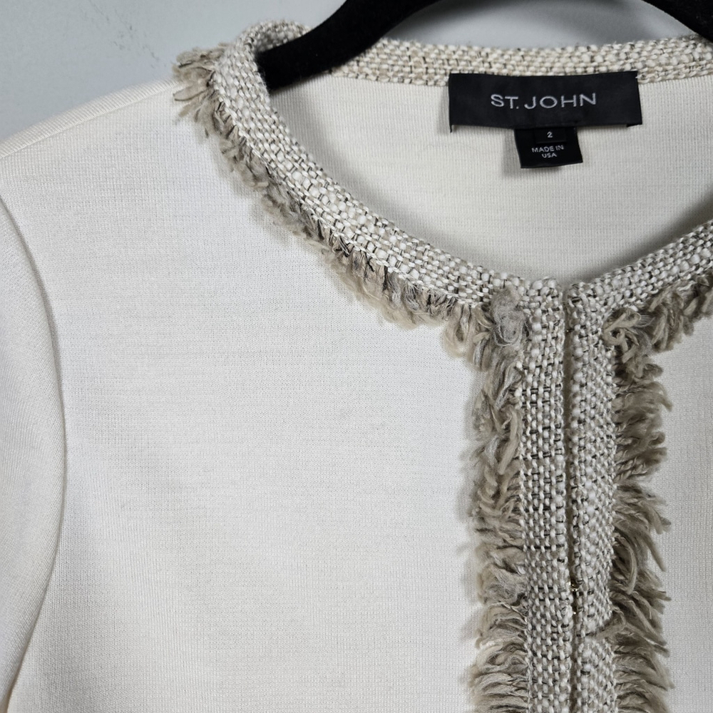 St John Womens Fringe Santana Knit Jacket Size 2 Cream Wool Old Money Preppy - Picture 3 of 9